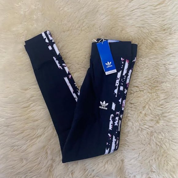 NWT ADIDAS ORIGINALS Women XS Floral 3 Striped Design Jersey Legging Legend Ink - Picture 8 of 10